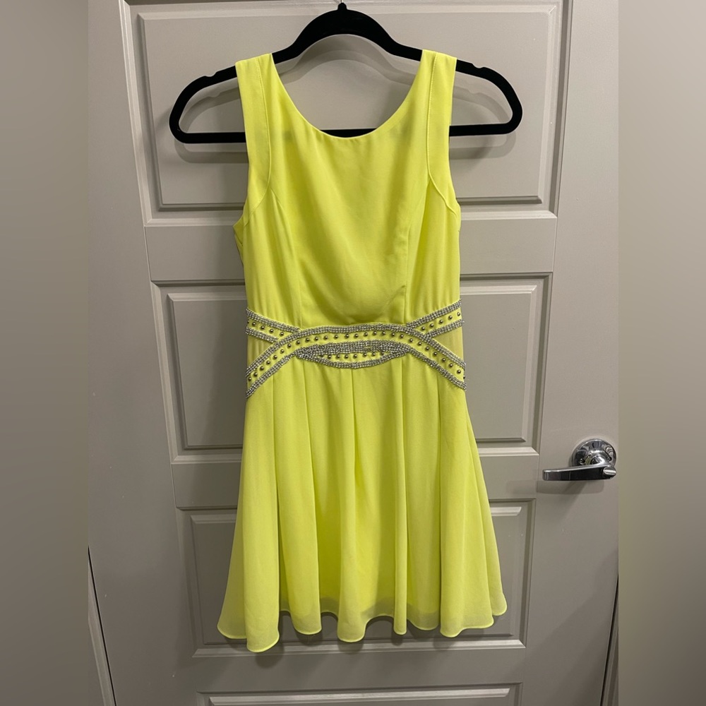 Electric Yellow Dress with Crystal Waistband - Size Small